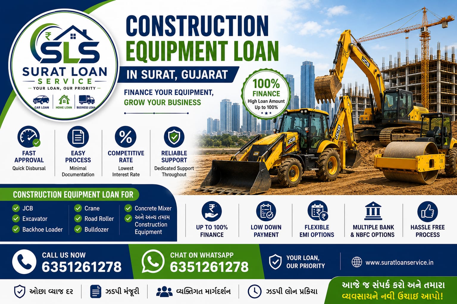 Construction Equipment Loan in Surat Gujarat for JCB, Excavator, Road Roller and Construction Machinery Finance