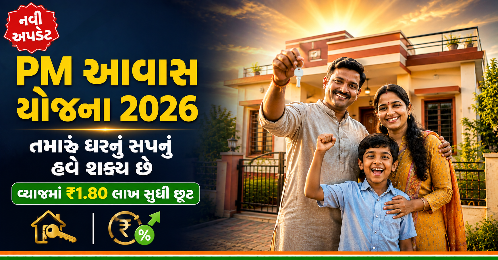 પ્રધાનમંત્રી આવાસ યોજના હેઠળ નવું ઘર મેળવેલ ખુશ ભારતીય પરિવાર, PMAY 2026 હોમ લોન વ્યાજ સબસિડી